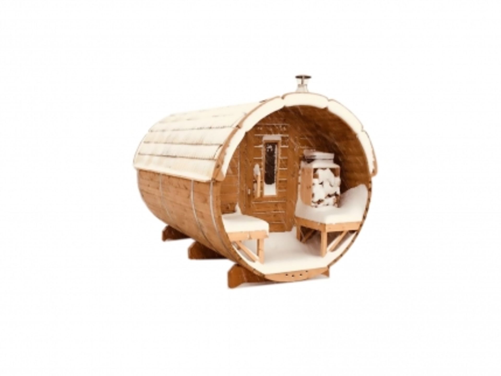 V Brand New 4 x 2.2m Sauna Barrel - Made From Spruce Wood - Roof Covered With Wooden Shingles - Door