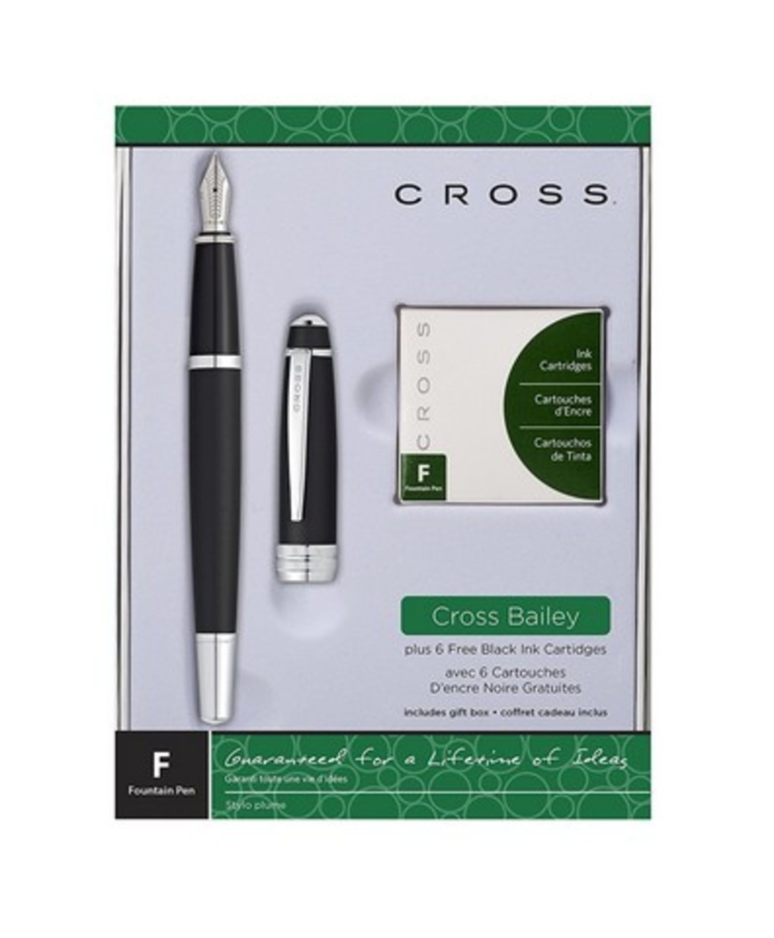 + VAT Brand New Cross Bailey Fountain Pen In Gift Box with 6 Black Ink Cartridges - Online Price £
