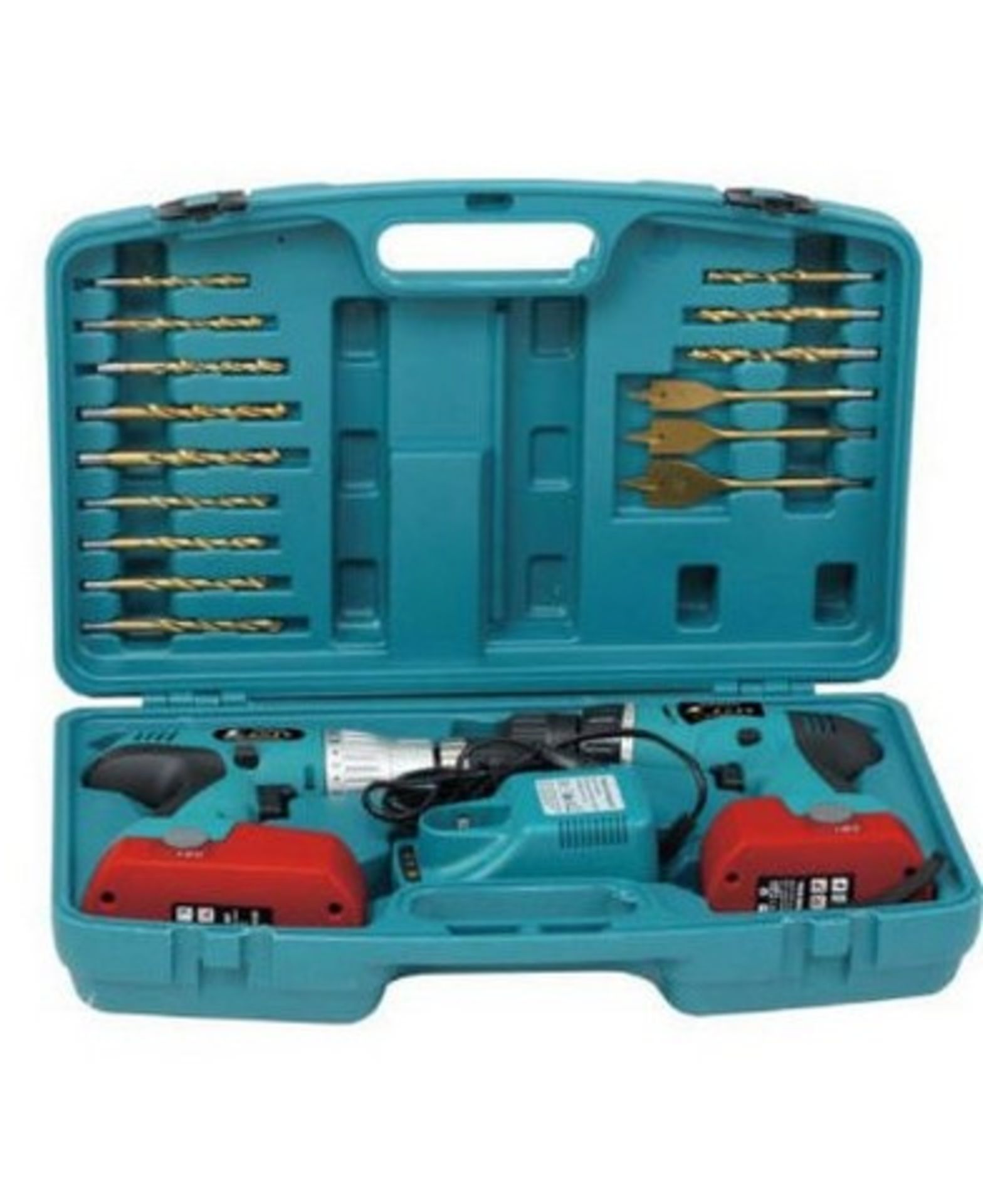 + VAT Brand New 18V Twin Drill Kit with Hammer Action and Torque Adjustment - with 15 Asssorted - Image 2 of 2