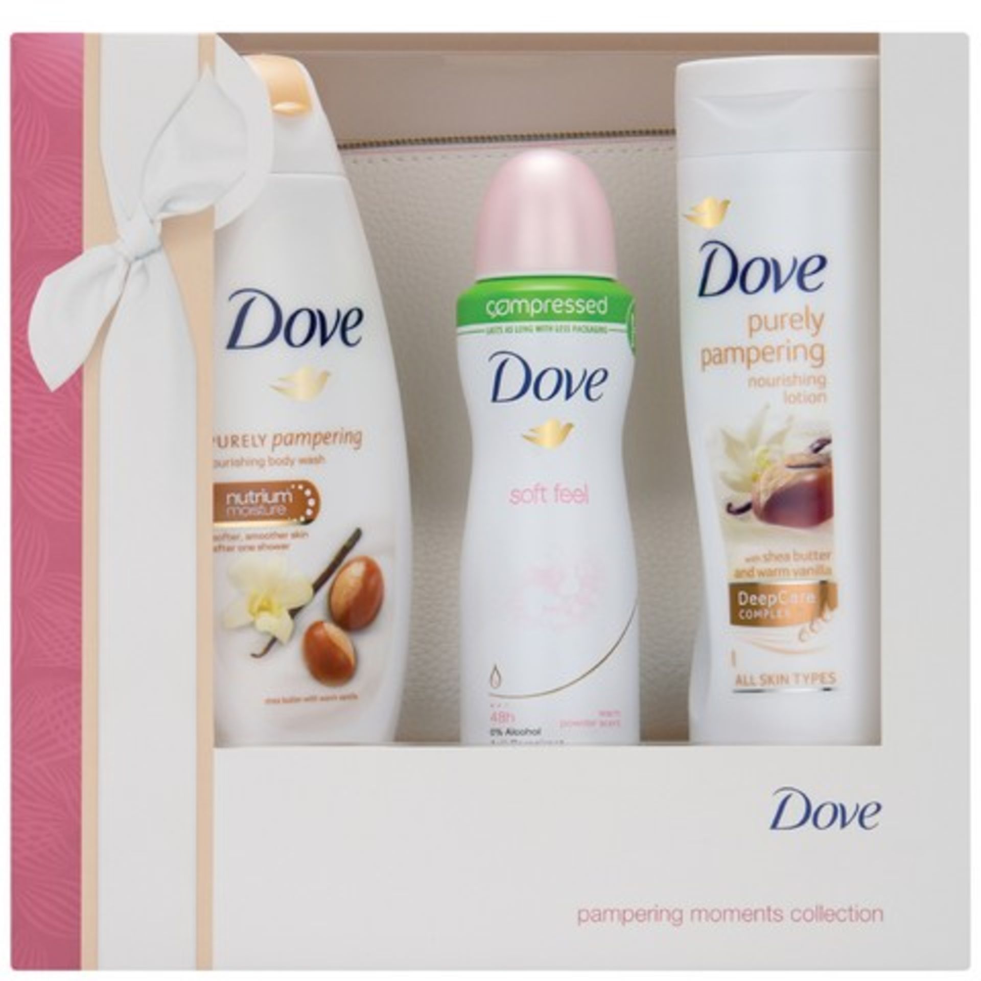 + VAT Brand New Dove Pampering Moments Trio & Washbag Set Includes 3 Full-Size Dove Products - Image 2 of 2