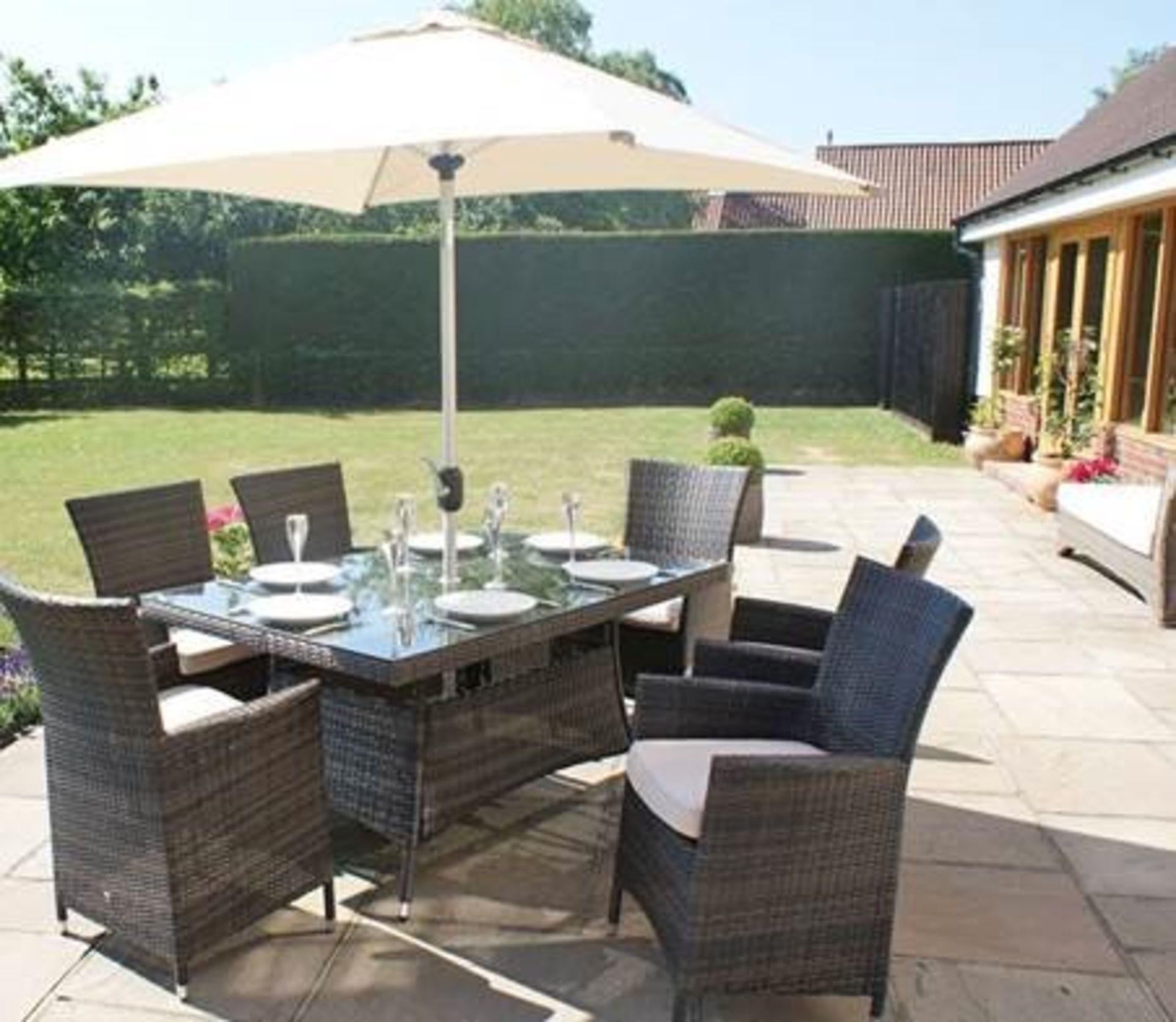 + VAT Brand New Chelsea Garden Company Six Seat Rectangular Outdoor Dining Set - Grey Rattan &