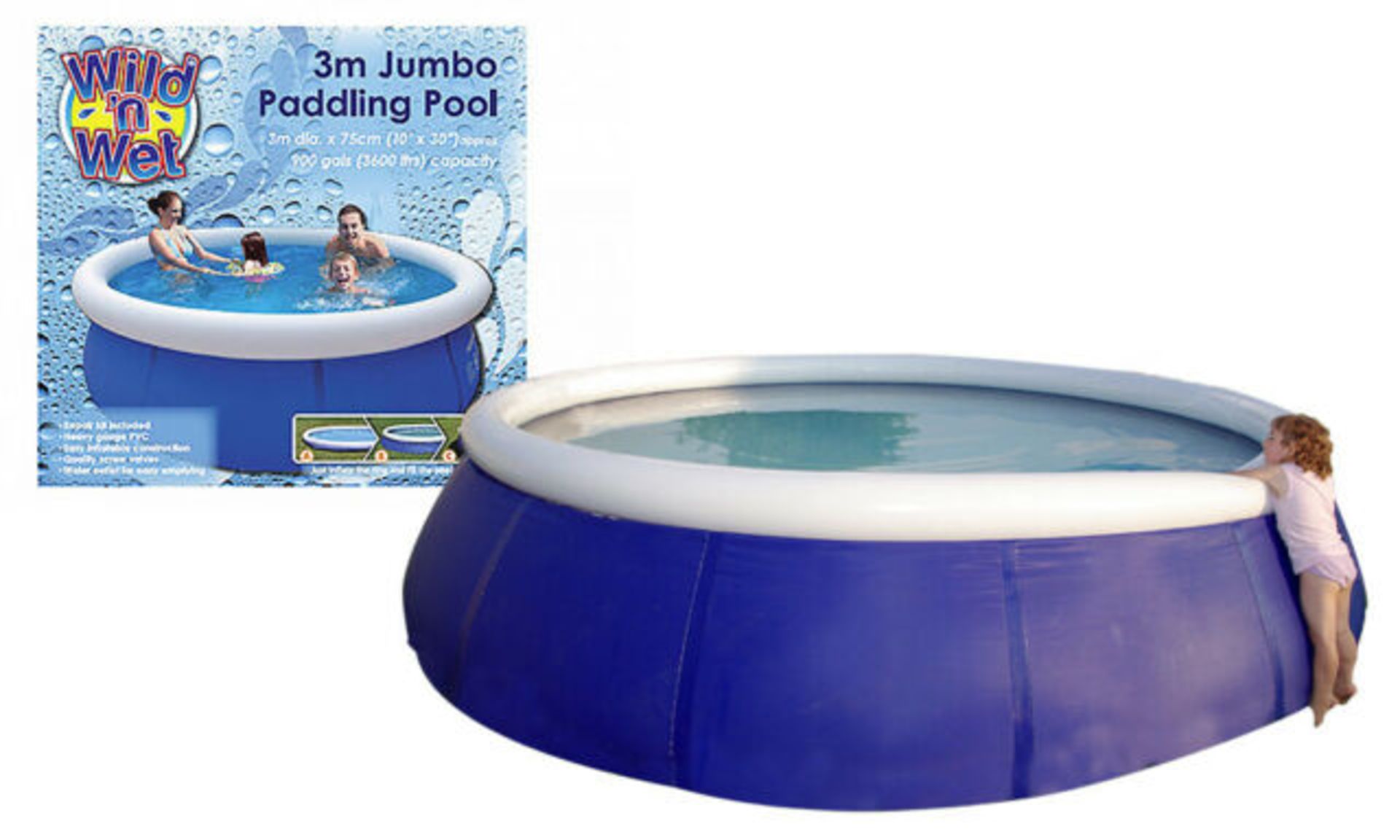 + VAT Brand New 3m Jumbo Paddling Pool - Includes Repair Kit - Easy Inflatable Construction -