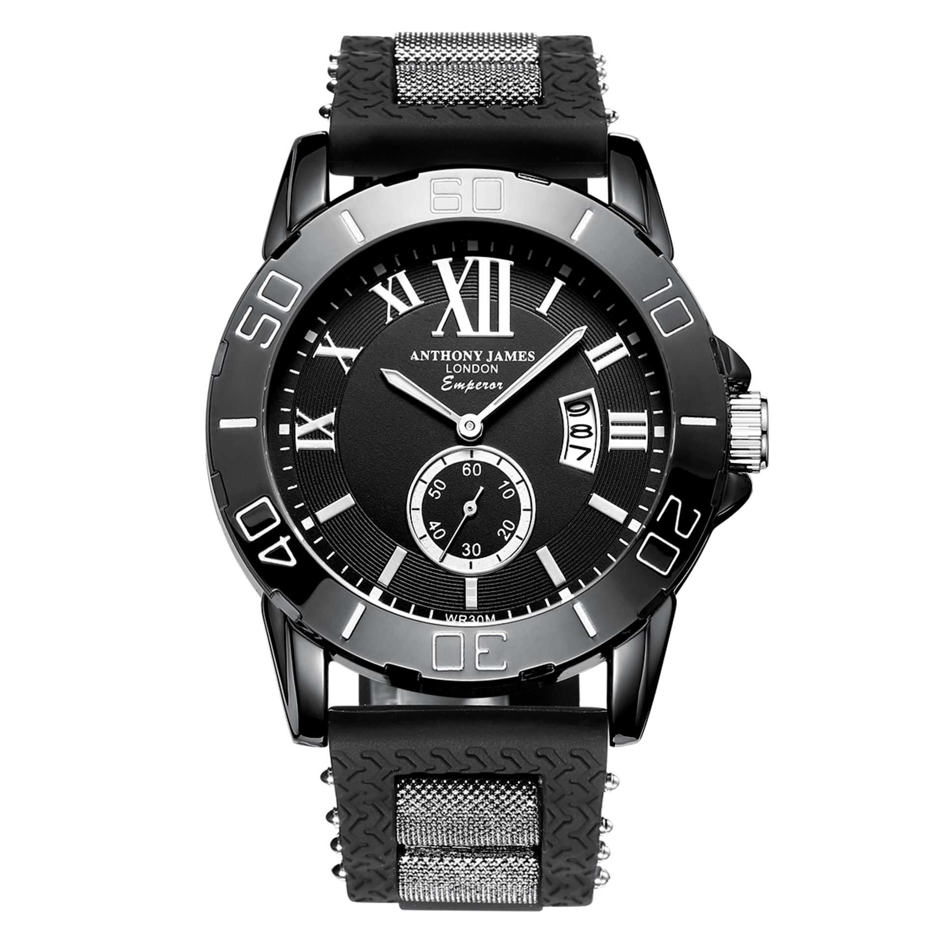 + VAT Brand New Gents Anthony James London Emperor Multi Dial Jet Black Watch - Moving Bezel - Date