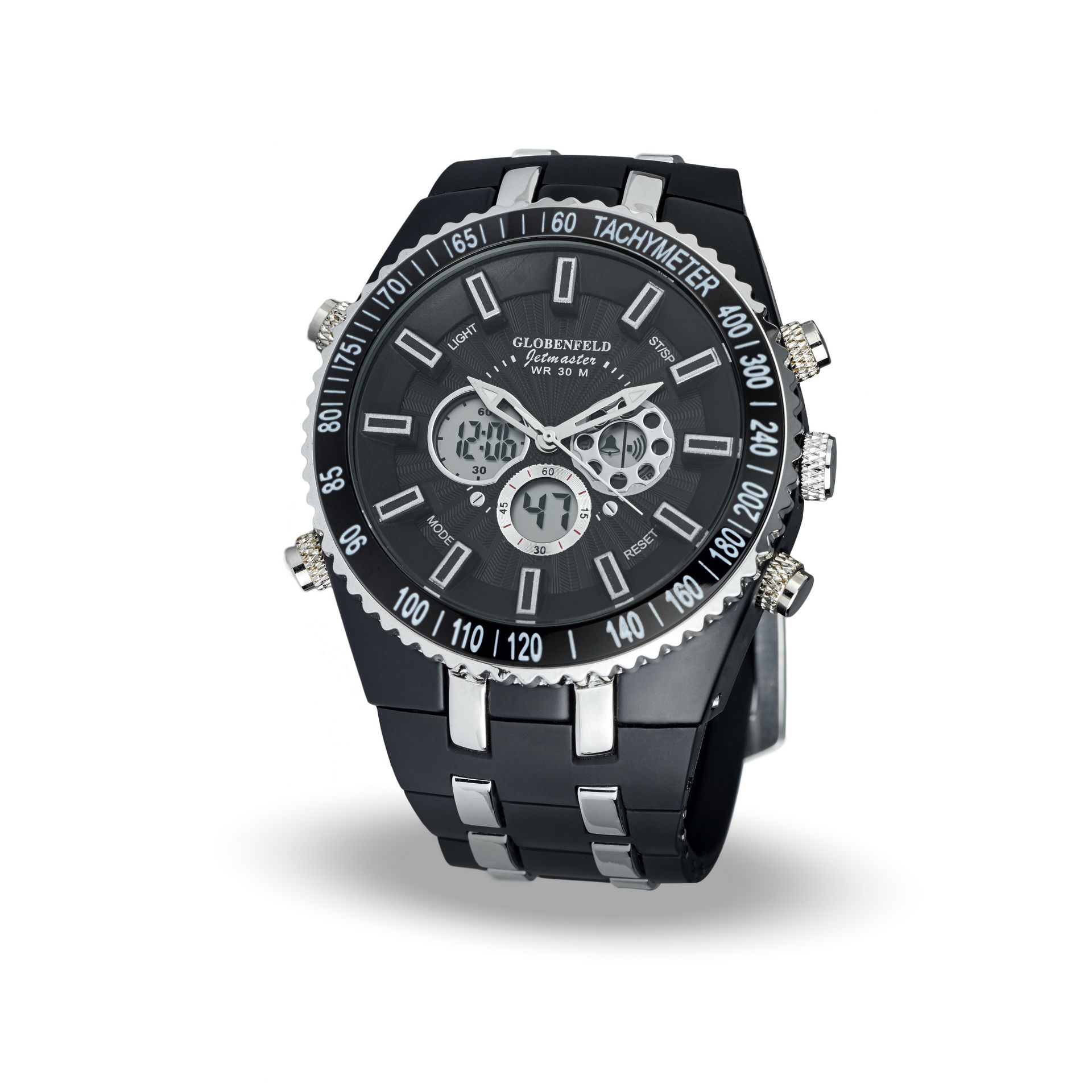 + VAT Brand New Gents Globenfeld Black Face Jetmaster Watch - Three Digital Dials - Backlit - Water