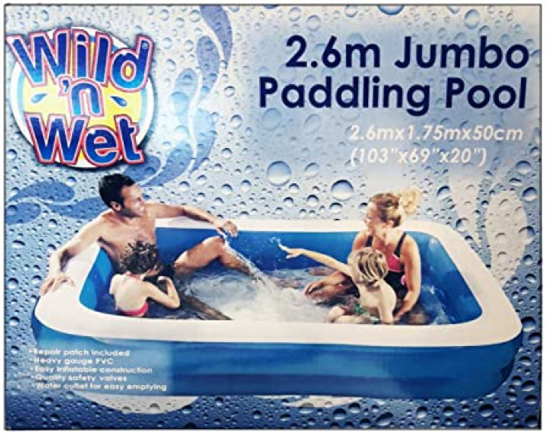 + VAT Brand New 2.6m x 1.75m x 50cm Jumbo Paddling Pool - Made From Heavy Gauge PVC - Repair Patch - Image 2 of 2