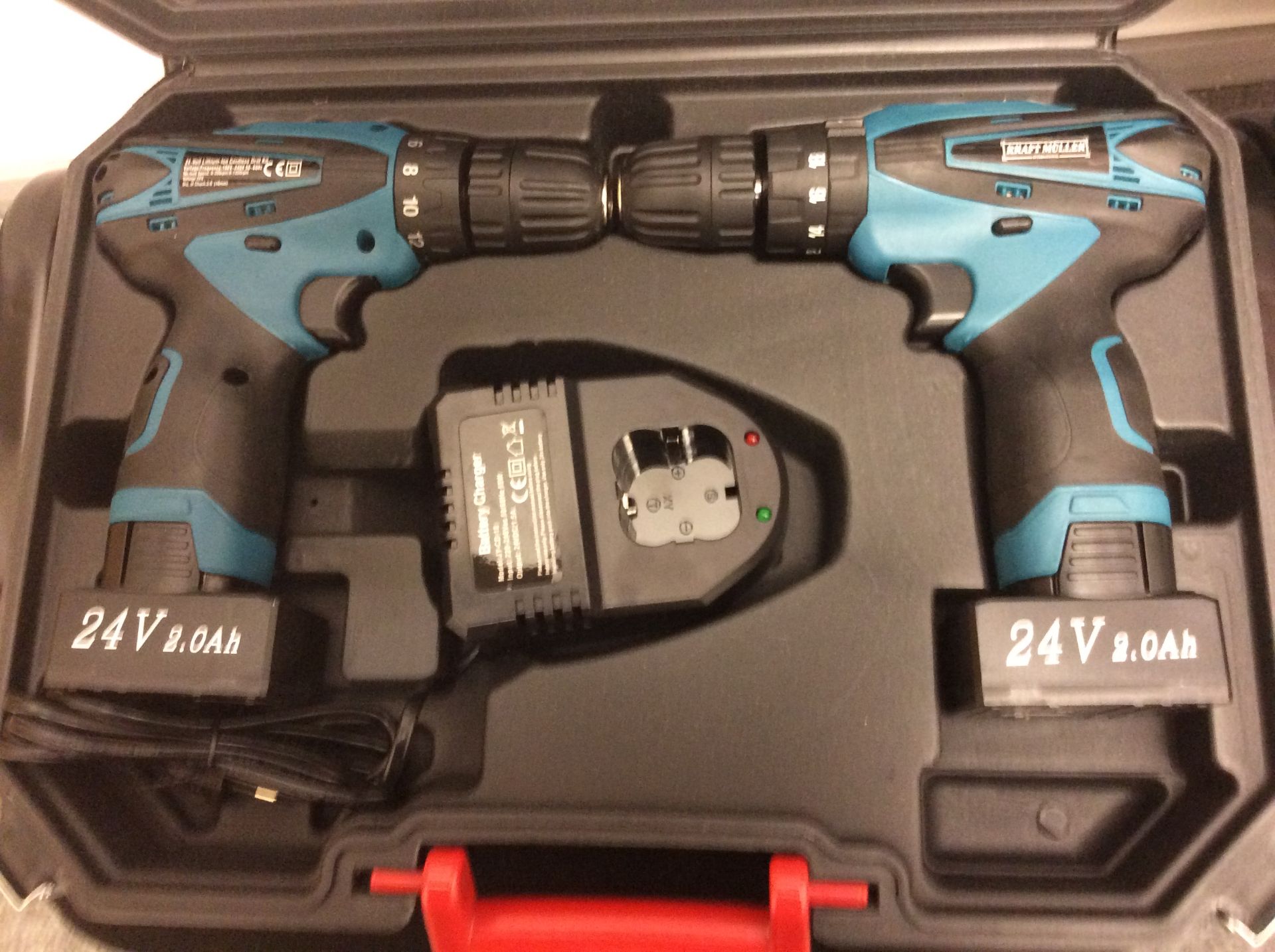 + VAT Brand New 24 volt Twin Drill Set Lithium Ion Cordless In Carry Case With Keyless Chuck - - Image 2 of 3