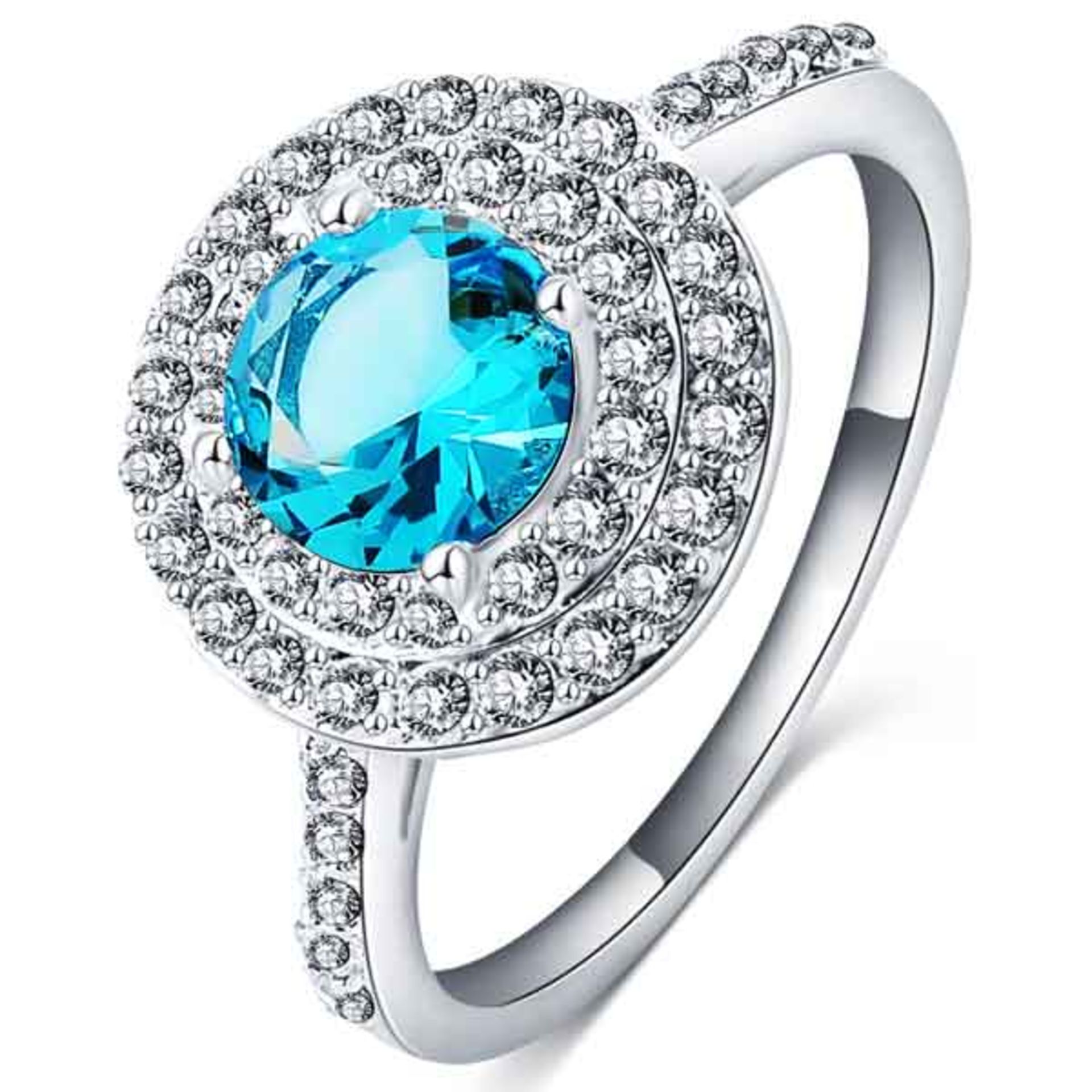 + VAT Brand New Platinum Plated Round Blue and White Stone Cocktail Ring