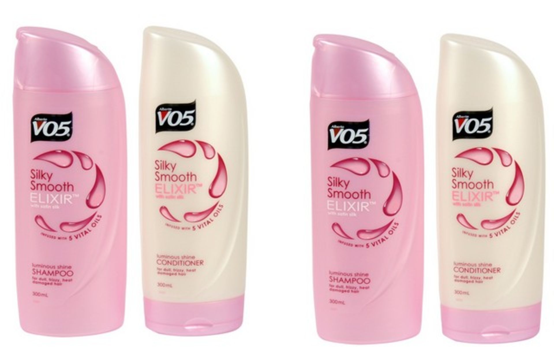 + VAT Brand New A Lot Of Two 300ml VO5 Silky Smooth Elixir Luminous Shine Shampoo & Two VO5 Silky