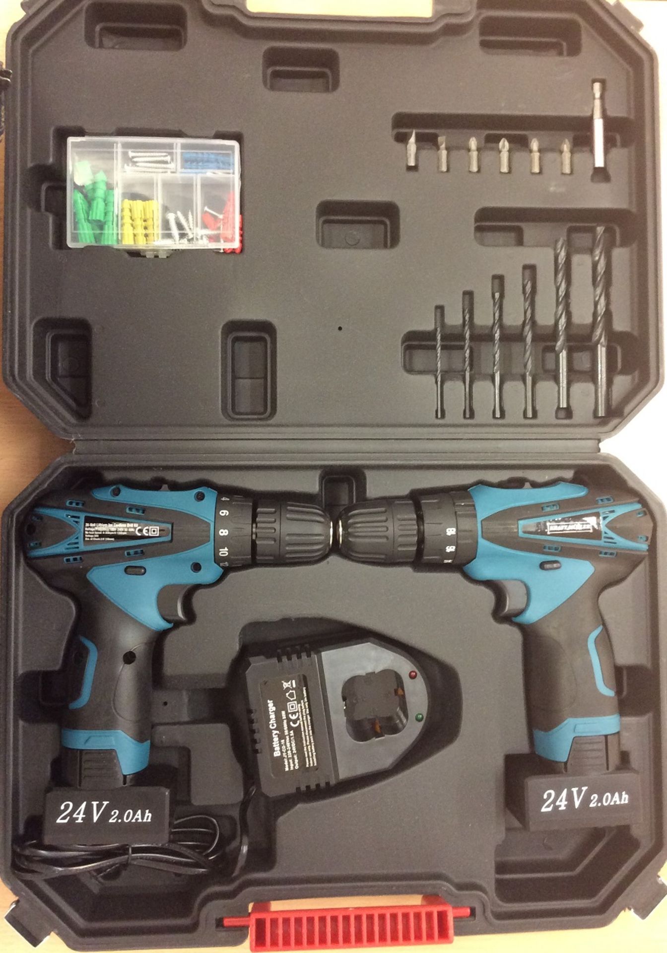 + VAT Brand New 24 volt Twin Drill Set Lithium Ion Cordless In Carry Case With Keyless Chuck -