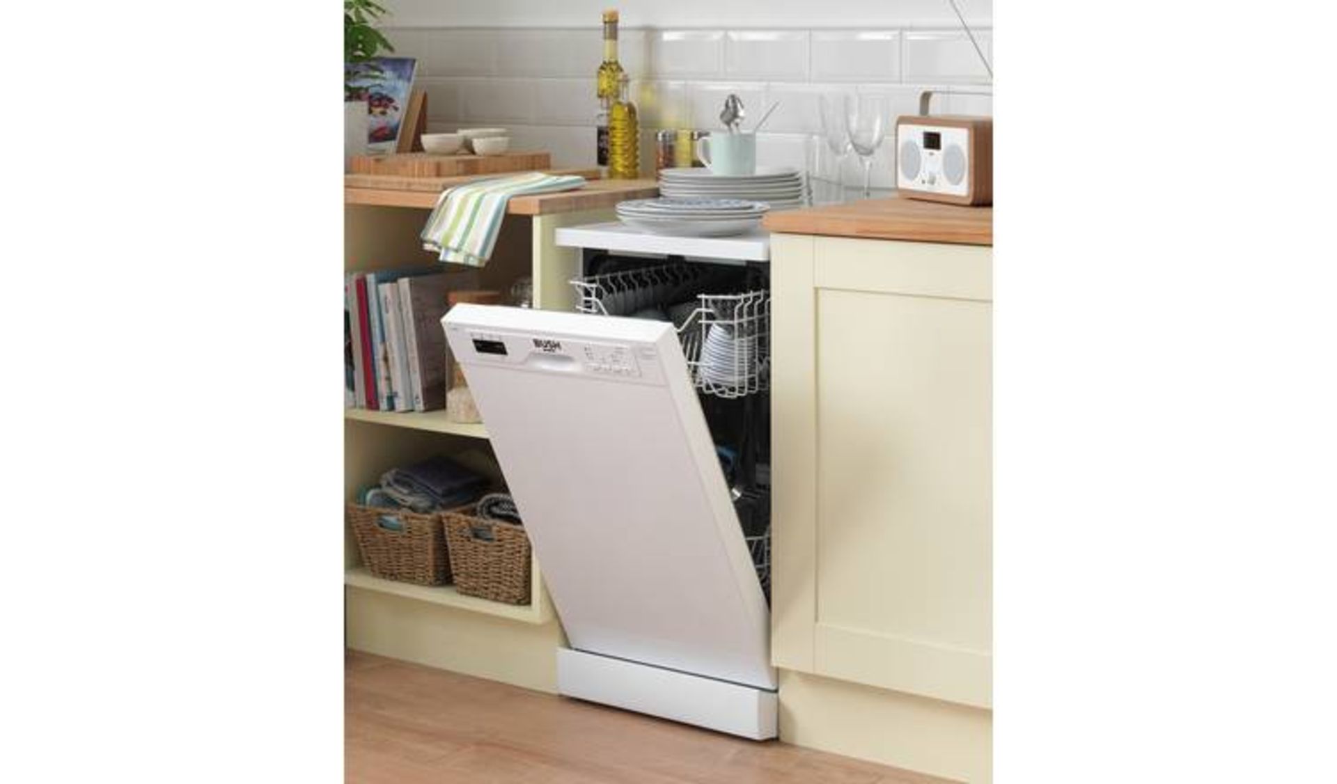 + VAT Grade A/B Bush BFSLNB9W Slimline Dishwasher - 30 Minute Quick Wash - Four Programmes - 10