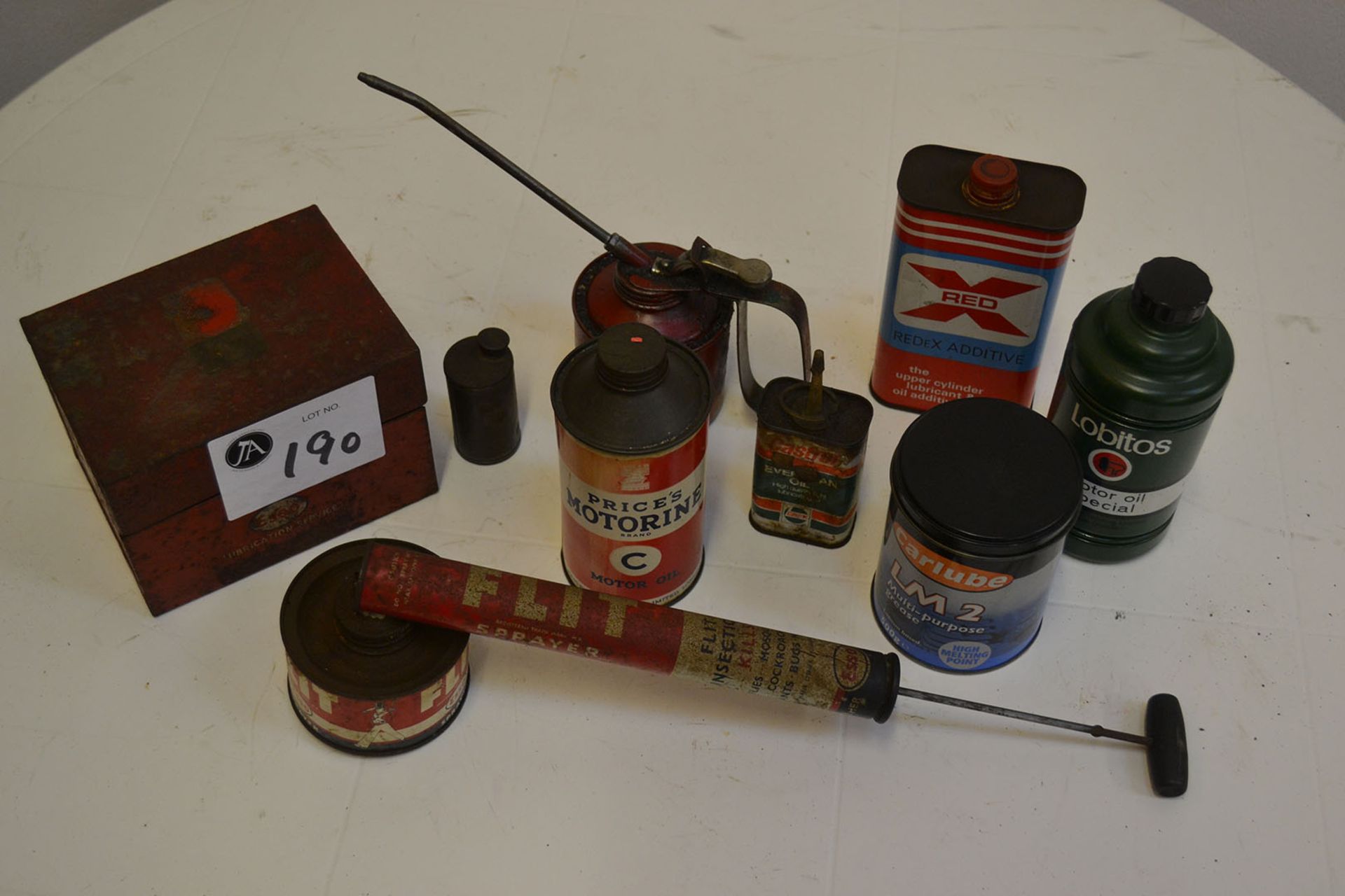 Flit spray, Esso box, cans and oil can