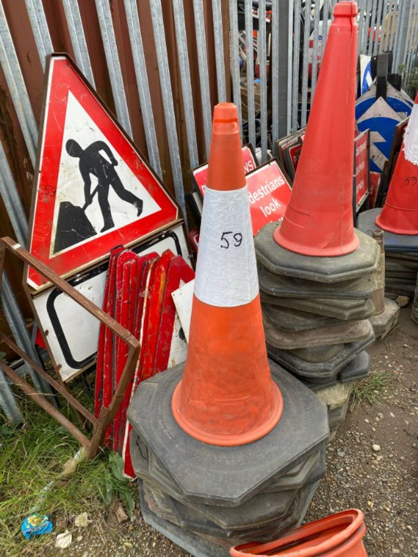 Qty various road signs and bollards, as lotted