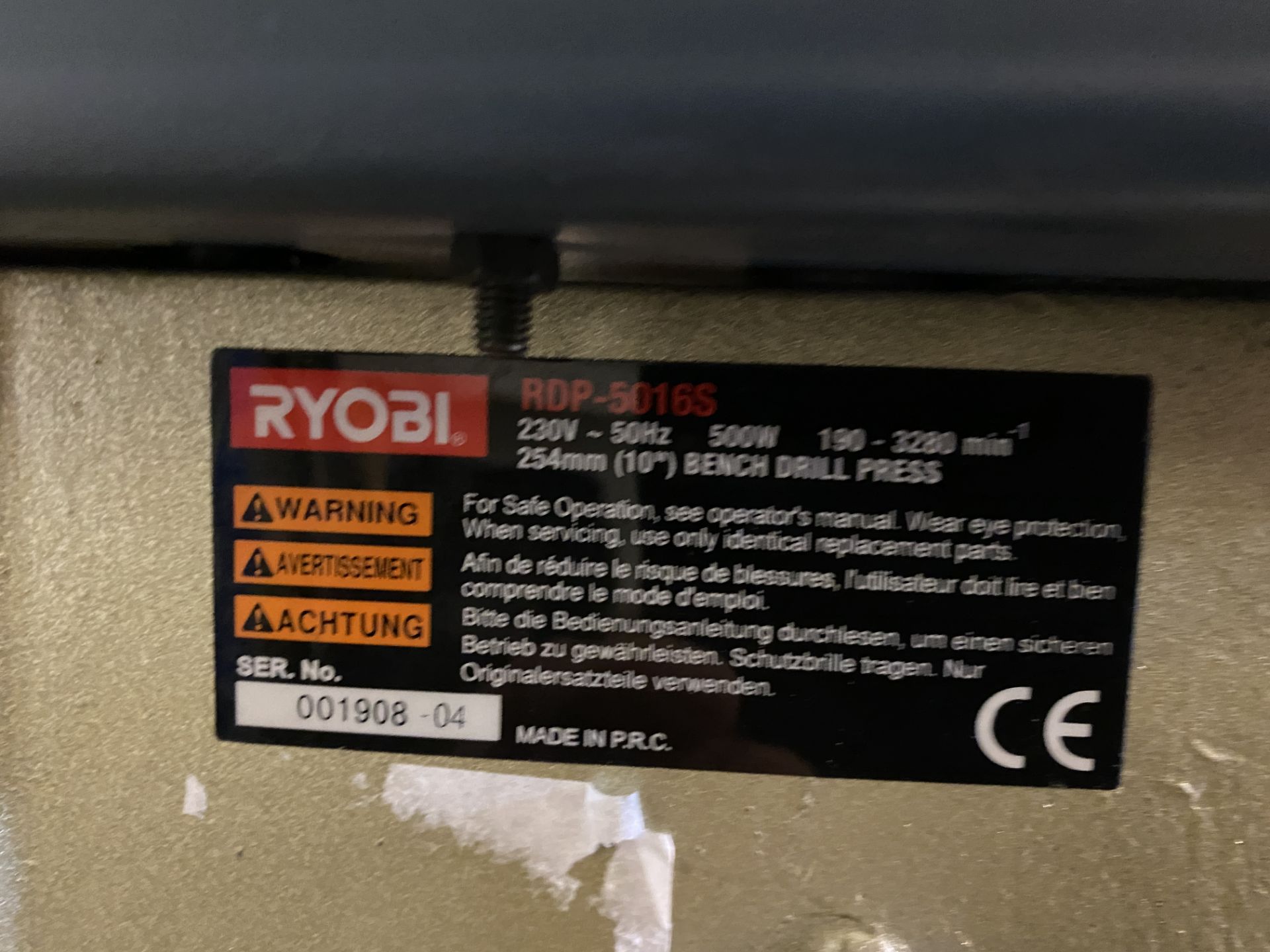 Ryobi RDP-5016S bench type pillar drill, serial no: 001908-04 (2004) -240v on stand - Image 2 of 2