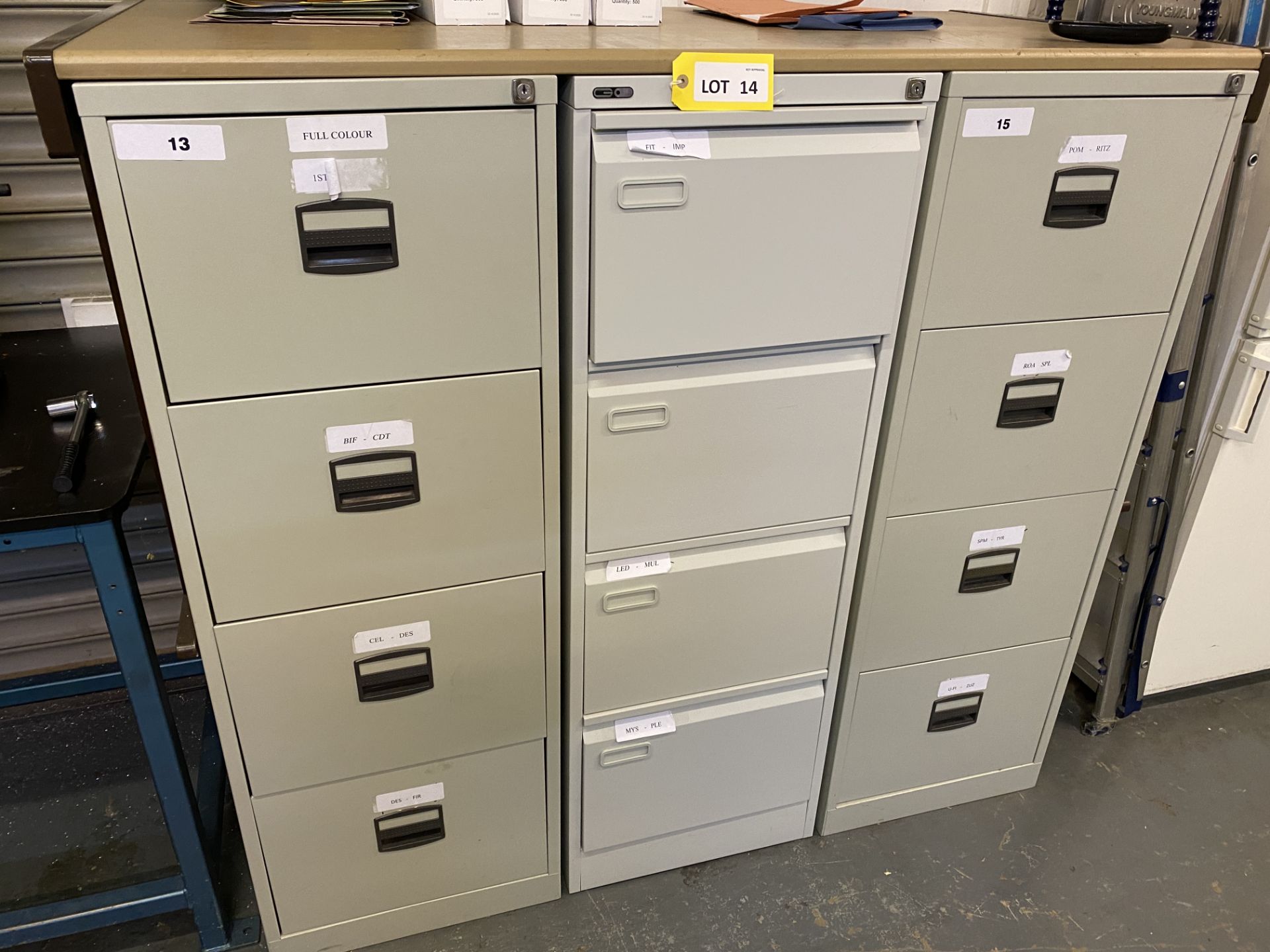 Steel 4 drawer filing cabinet x 13 & Steel 5 drawer filing cabinet x 1