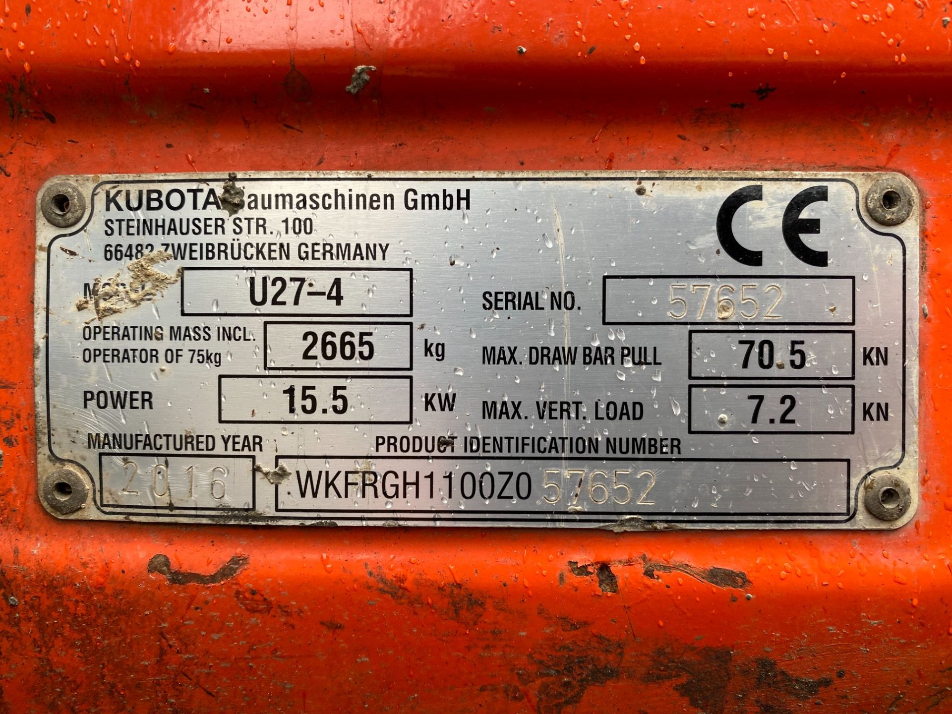 Kubota U27-4 mini excavator, Serial No: 57652 (2016) - 1583 recorded hours, with Whites PX3MC427- - Image 6 of 8