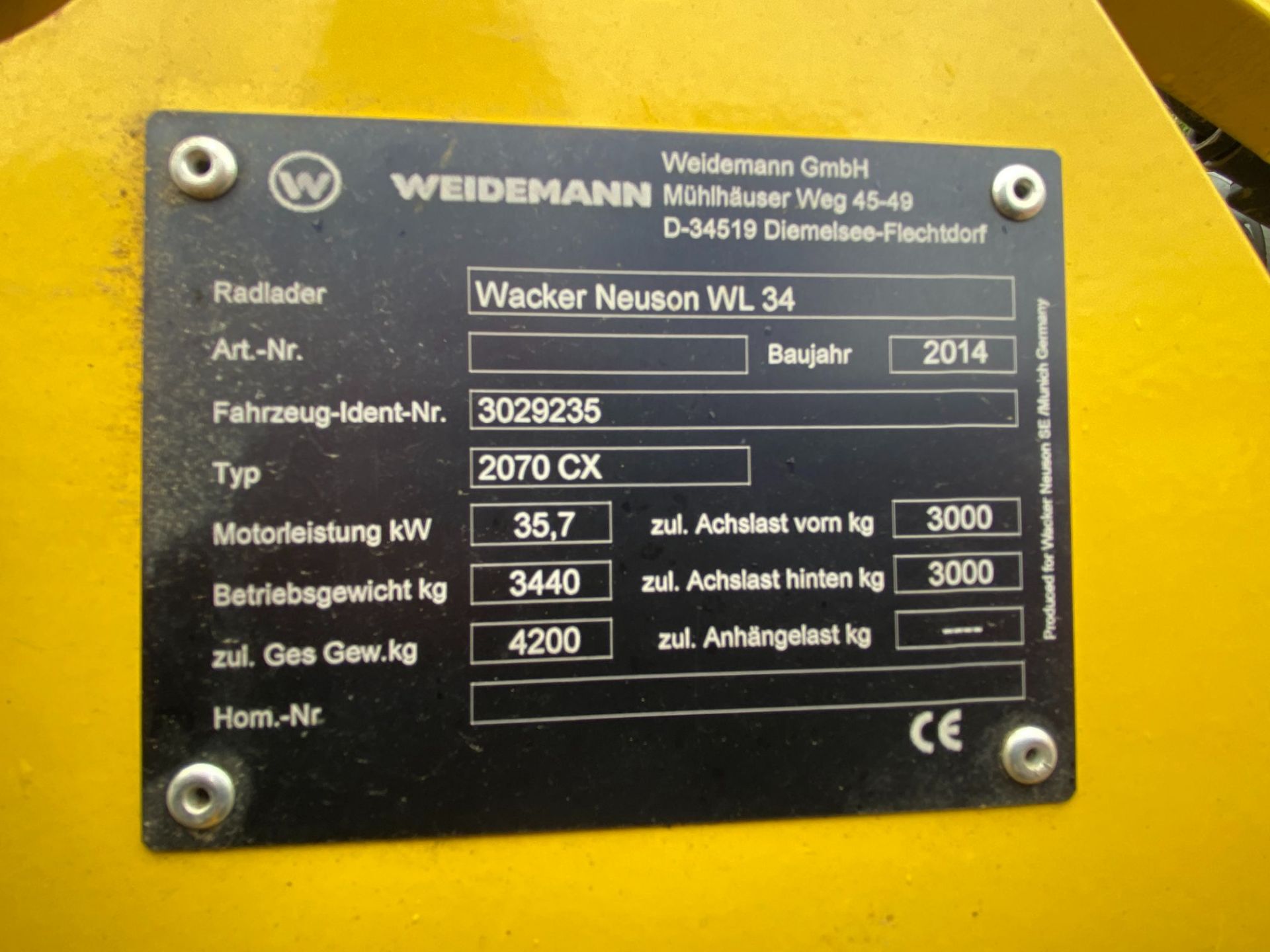 Wacker Neuson WL34 2070 CX articulated loading shovel, Serial No: 3029235 (2014) - 1062 hrs, with - Image 14 of 30