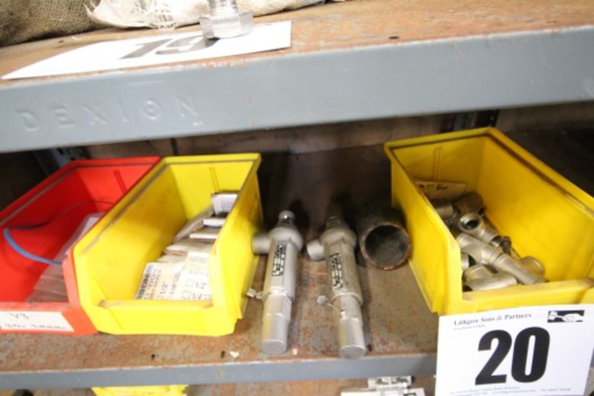 Contents on Shelf including 2x Stainless Steel Pressure Relief Valves, Lin Bin of 10x 316 Stainless,