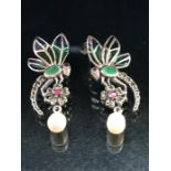 Pair of silver and plique a jour butterfly earrings with pearl drops