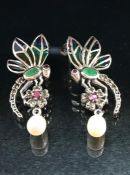 Pair of silver and plique a jour butterfly earrings with pearl drops