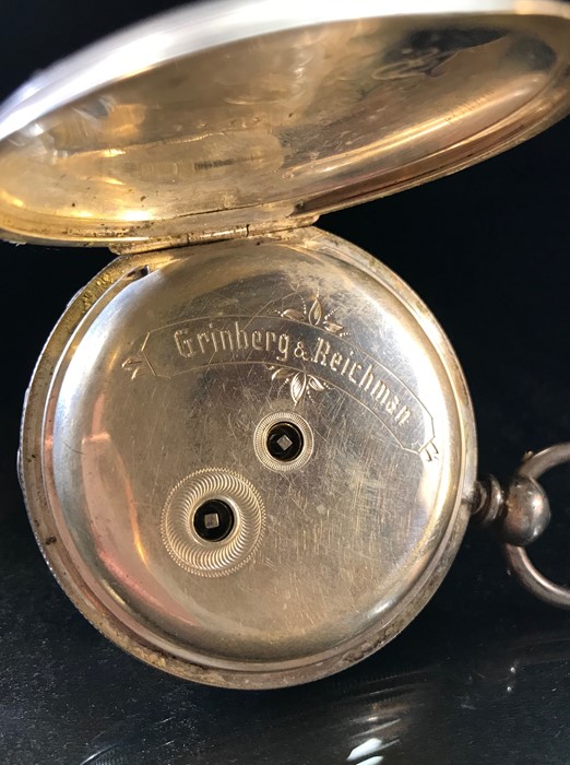 Half Hunter pocket watch marked "FINE SILVER G&R" To case & GRINBERG & REICHMAN Railway Watch - Image 5 of 6