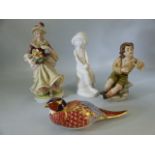 Four items of China to include Capodimonte (boy with ladybird), Spode Joanna & a Crown Derby bird