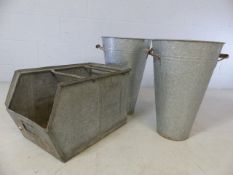 Pair of galvanised floristry buckets and a further metal container
