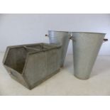 Pair of galvanised floristry buckets and a further metal container