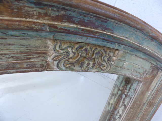 Substantial reclaimed oak surround mirror with aged green paint effect and decorative carvings - Image 4 of 6