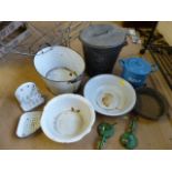 Collection of vintage metal and enamel ware to include buckets, flour tin, kitchen utensils and