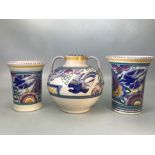 Three Art Deco Poole pottery vases decorated with blue birds