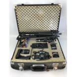 Hard cased camera equipment to include Olympus OM10 camera, Teleconverter 2X-A lens, 55mm SKYLIGHT