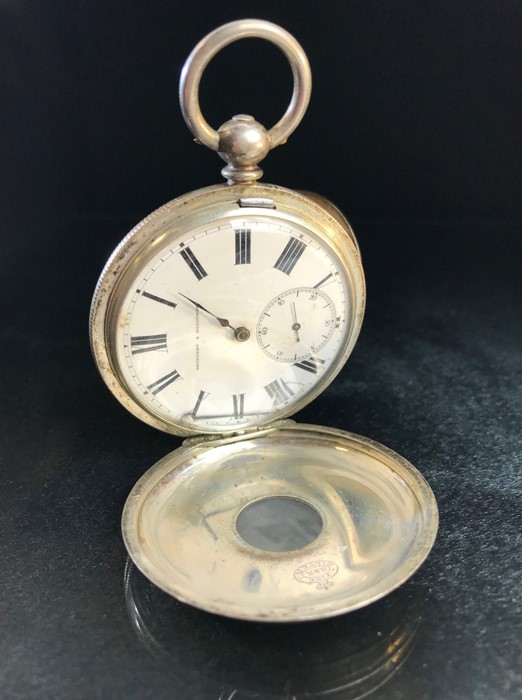 Half Hunter pocket watch marked "FINE SILVER G&R" To case & GRINBERG & REICHMAN Railway Watch