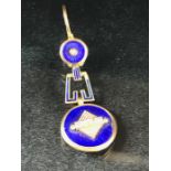 Single but ornate drop earring on Gold coloured metal with seed pearls and starburst blue enamel