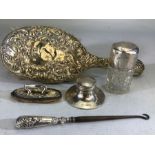 Hallmarked silver inkwell, hallmarked silver nail polisher, Silver topped glass pot & Butoon pull