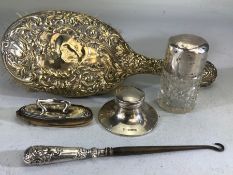 Hallmarked silver inkwell, hallmarked silver nail polisher, Silver topped glass pot & Butoon pull