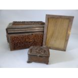 Carved tea caddy (A/F) and a small carved trinket box along with a silver picture frame
