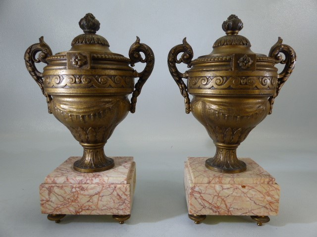 Pair of decorative French urns on marble plinths