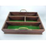 Deep wooden tray with green baize lining and brass handles