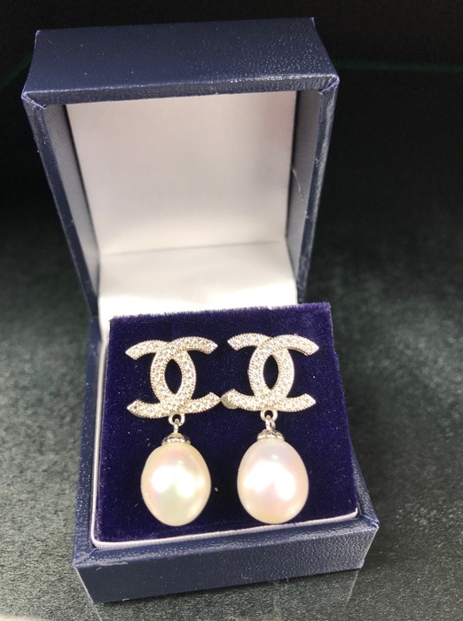 Pair of silver and CZ designer-style earrings with pearl drops - Image 3 of 3