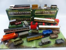 Box of model railway carriages and accessories ,00 gauge (over two shelves)