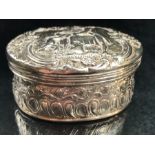 Heavy Silver pill box with embossed decoration and single stamp mark to base