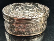 Heavy Silver pill box with embossed decoration and single stamp mark to base