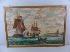 A large framed print on fabric depicting ' Indiamen at Gravesend ' with notation to base 'after