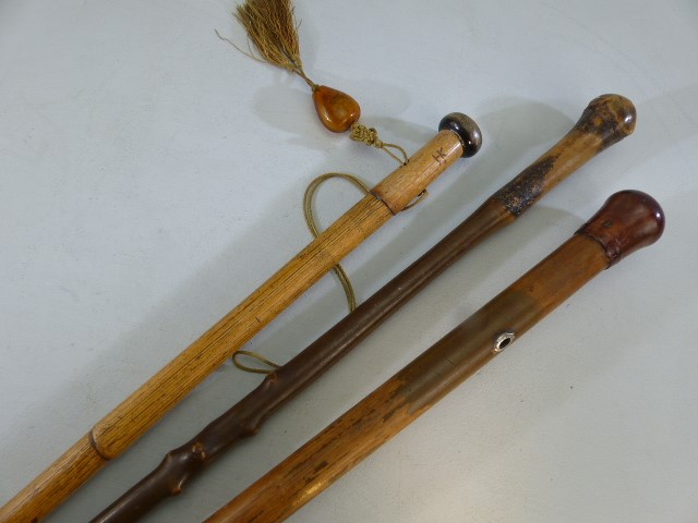 Three rustic wooden walking sticks one with Amber style tassel