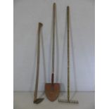 Three vintage copper and wood garden tools