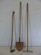 Three vintage copper and wood garden tools