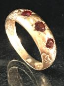 9ct Gold three stone Garnet Gypsy Ring size 'P'