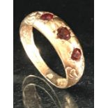 9ct Gold three stone Garnet Gypsy Ring size 'P'