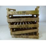 Five vintage wooden crates marked R Foss and Sons dated 1983