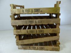 Five vintage wooden crates marked R Foss and Sons dated 1983